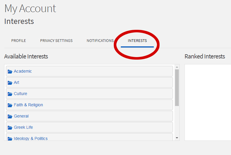 Click Interests in the gray navigation bar