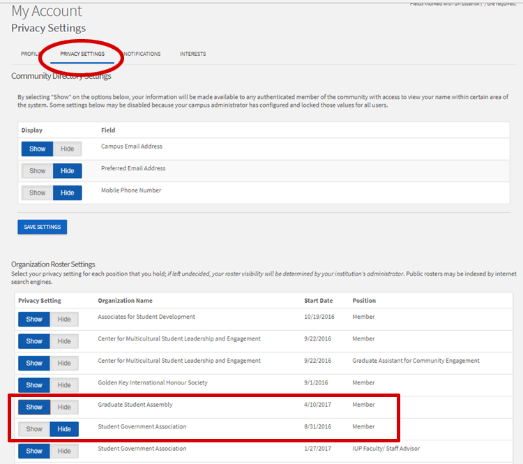 Privacy Settings: You may choose to hide your membership or officer positions for any organization so that you will not be displayed on the organization's public roster. 