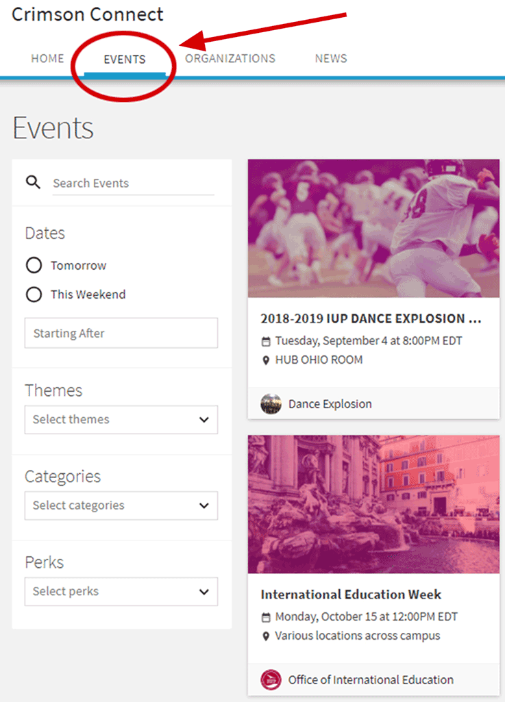 Clicking Events in the white toolbar will allow logged-in users to access the complete listing of events registered to “Anyone in the world” and “Students & staff at IUP.”
