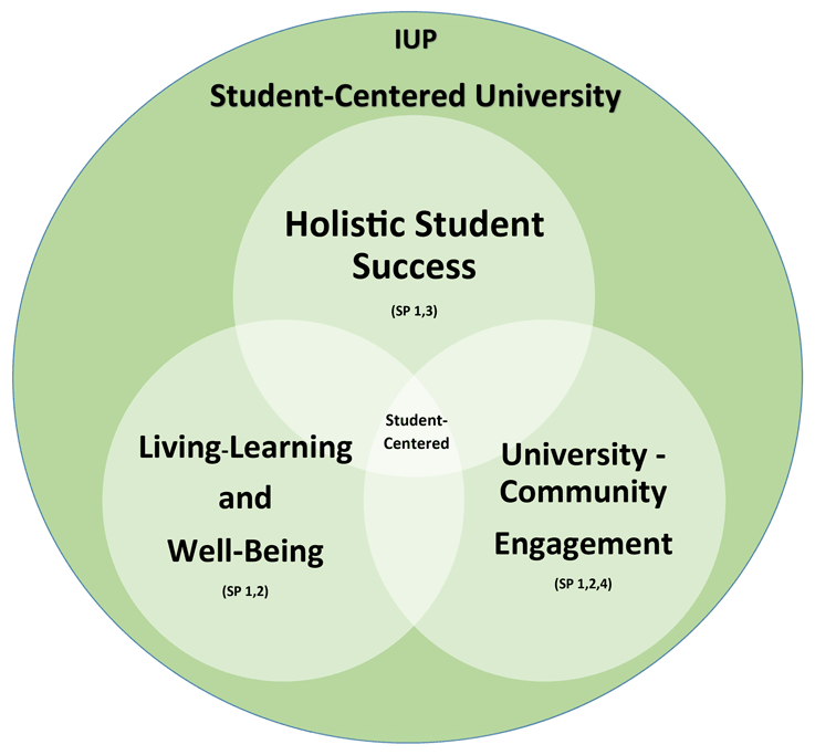 IUP aspires to become a student-centered university. Holistic Student Success happens when academic, living, learning, wellness, university and community engagement activities, programs, and services work collaboratively and are student-centered.
