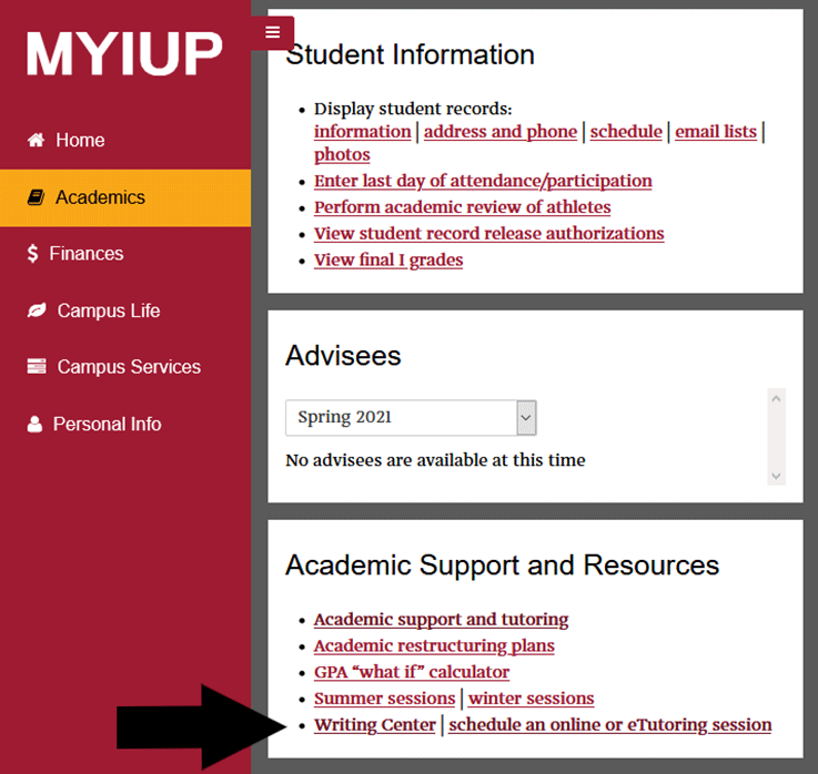 Writing Center link in the Academic Support and Resources section of the Academics page on MyIUP