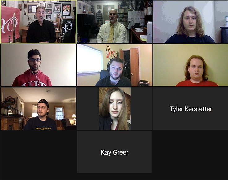 Members of the IUP Jazz Ensemble meeting with jazz trombonist John Fedchock on Zoom.