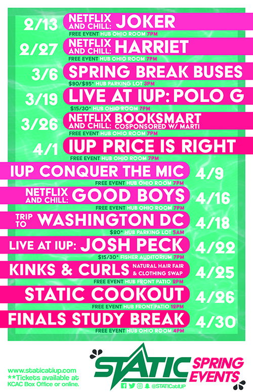 This is the STATIC Spring 2020 Calendar.  For full event information, see the main text of this news post, or the STATIC website at www.staticatiup.com.