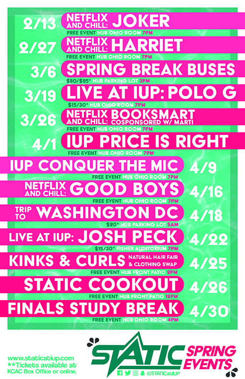 This is the STATIC Spring 2020 Calendar. For full event information, see the main text of this news post, or the STATIC website at www.staticatiup.com. This is the STATIC Spring 2020 Calendar. For full event information, see the main text of this news post, or the STATIC website at www.staticatiup.com.