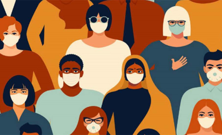 Colorful graphic image of a group of diverse people wearing masks