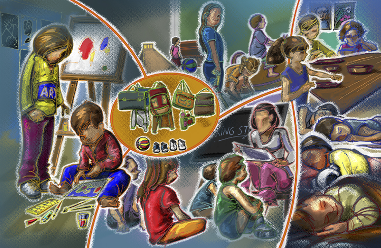 Collage of drawings of children in kindergarten
