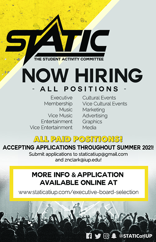 Poster for STATIC Now Hiring all positions
