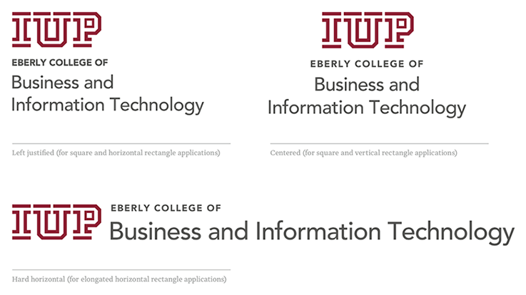Three examples of how the logo and a college name can be aligned. 