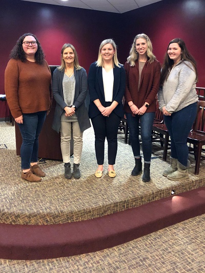 April Murdick, SAA senior vice president; Kim Anderson, SAA faculty advisor; Morgan Hoover; Sarah Crownover, SAA president; and Alexis Diehl, SAA mentoring chair April Murdick, SAA senior vice president; Kim Anderson, SAA faculty advisor; Morgan Hoover; Sarah Crownover, SAA president; and Alexis Diehl, SAA mentoring chair