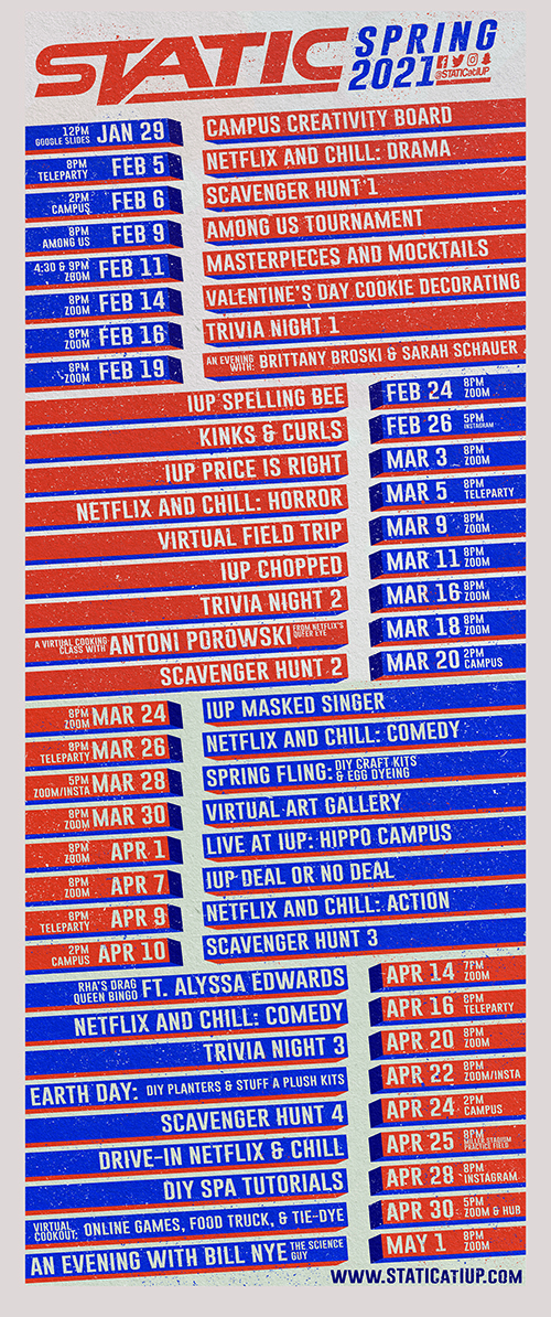 This is the full event line-up for STATIC's Spring 2021 calendar. All event information is outlined in the main body text.