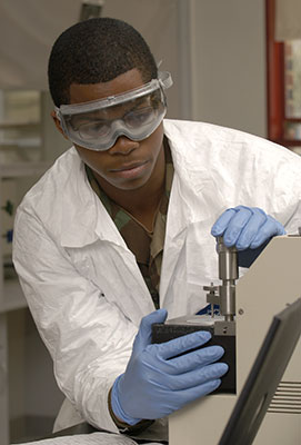 ROTC cadet works in the lab