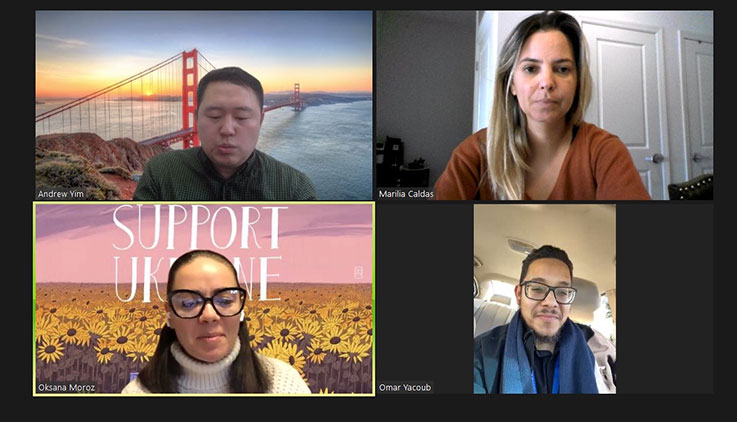 Marília Martins, Oksana Moroz, Andrew Yim, and Omar Yacoub presenting via Zoom